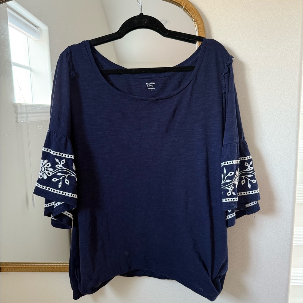Plus size Crown & Ivy Blue Blouse with Embellished 3/4 Sleeves